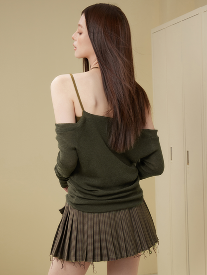 Off-Shoulder Sheer Tight Fake-Layered Knit