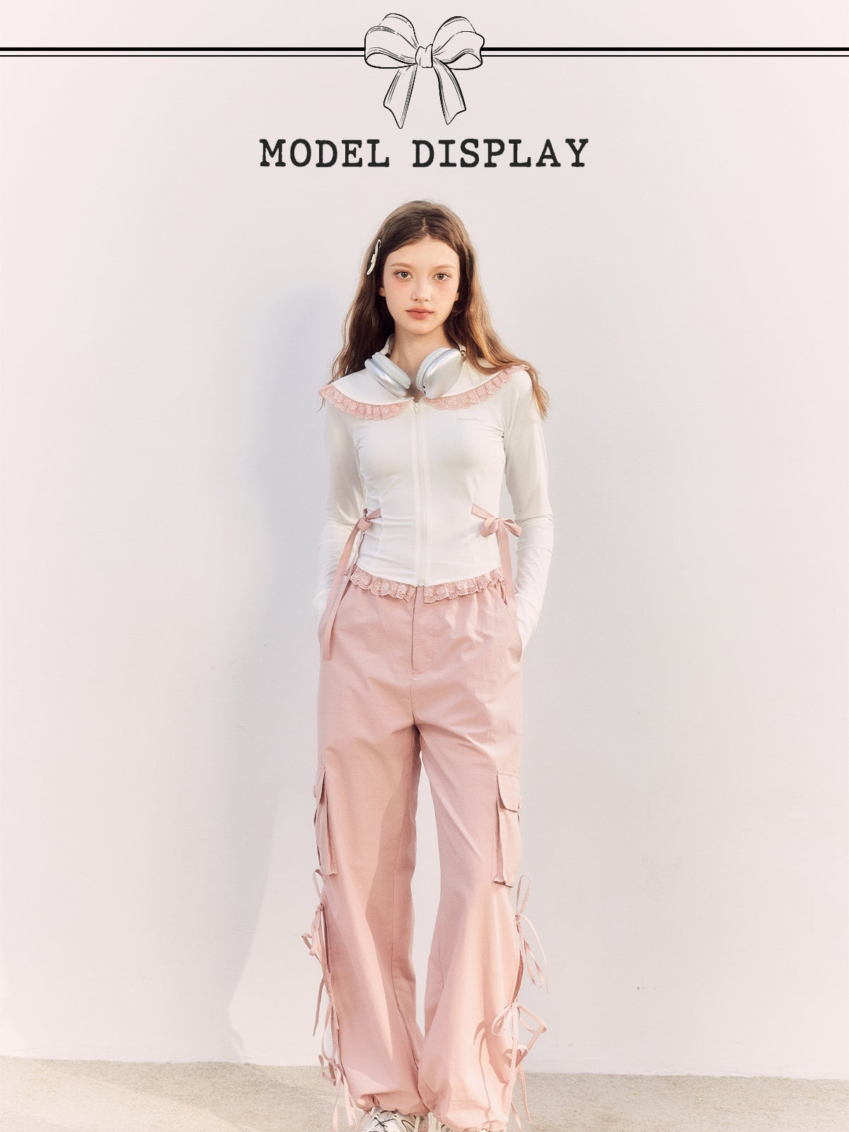 Lace-Collar Ribbon Sweet Casual Cutsew&amp;Pants