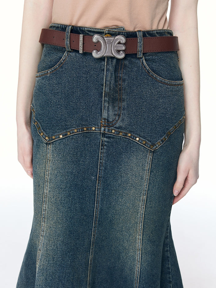 Denim Mermaid Rivet Long-Skirt