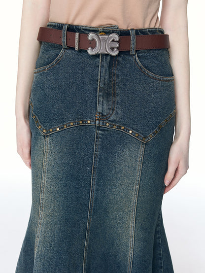 Denim sirène rivet long-jupe