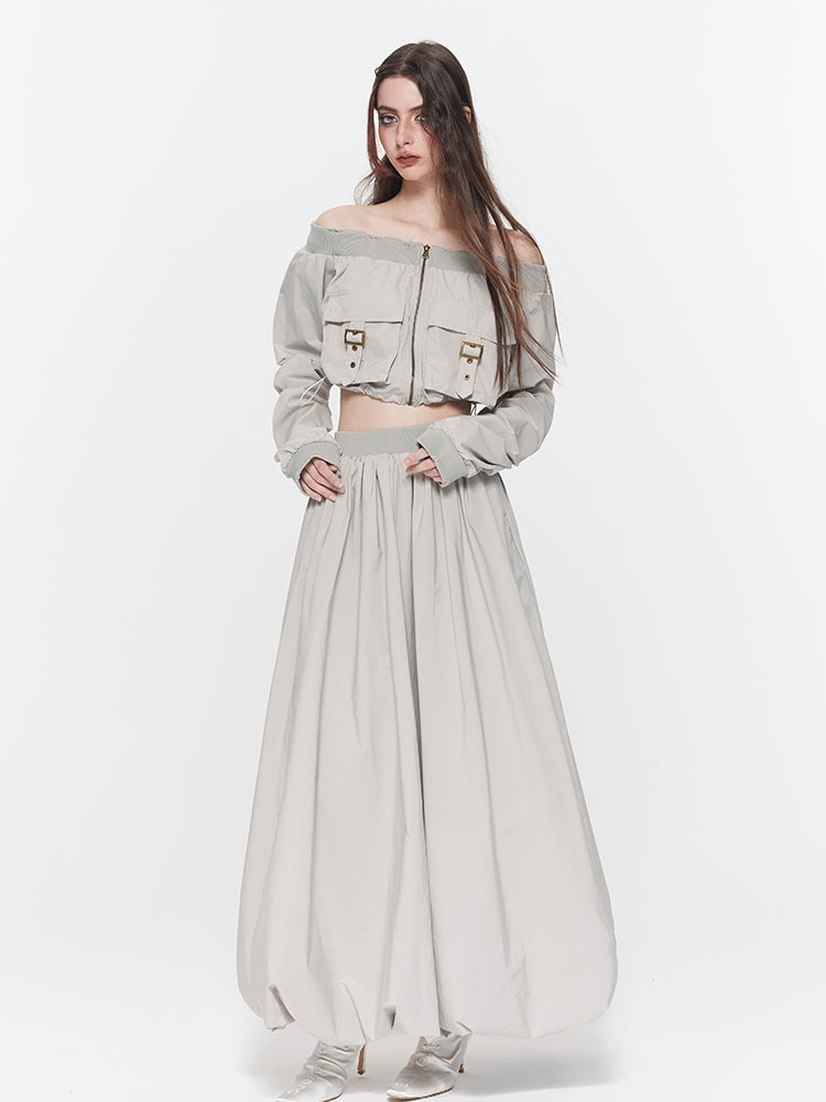 Off-Shoulder Damage Balloon Toops&amp;Long-Skirt