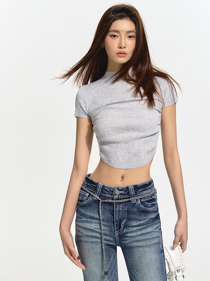 Cropped Bottle-Neck Tight Slim-fit Casual T-Shirt