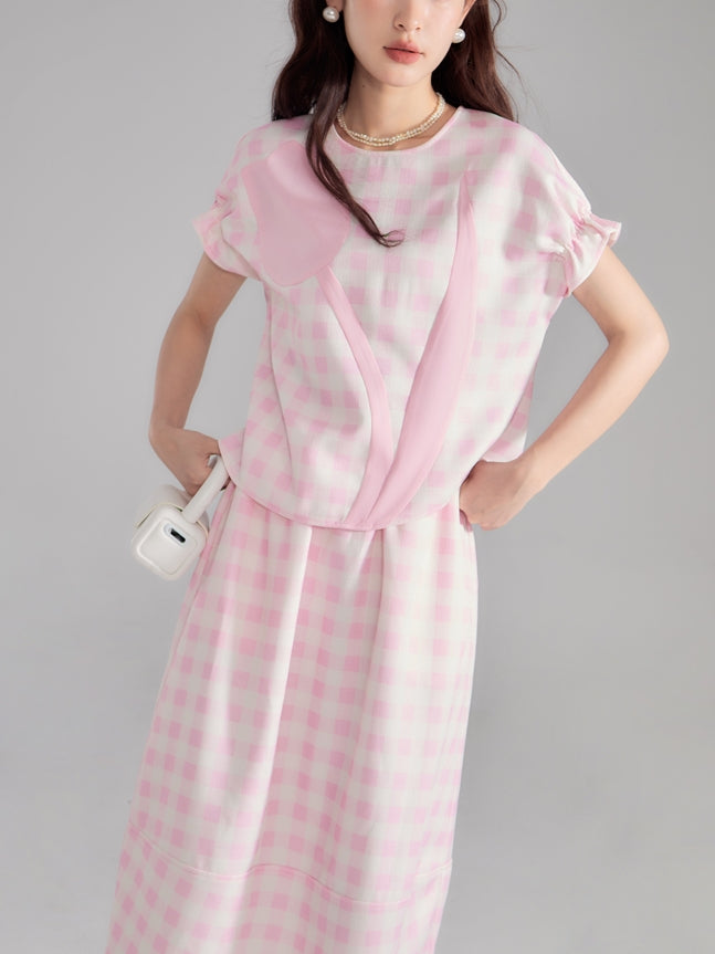 Checked Tulip Girly Candy-Sleeve Blouse &amp; Long-Skirt