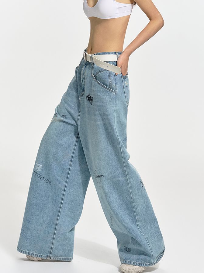 Logo Wide-leg Denim Casual Loose Pants