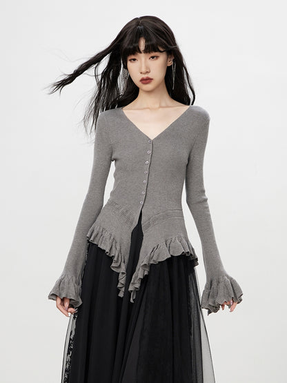 Flare-Sleeve Asymmetry Fril Ruffle V-Neck Slim Knit