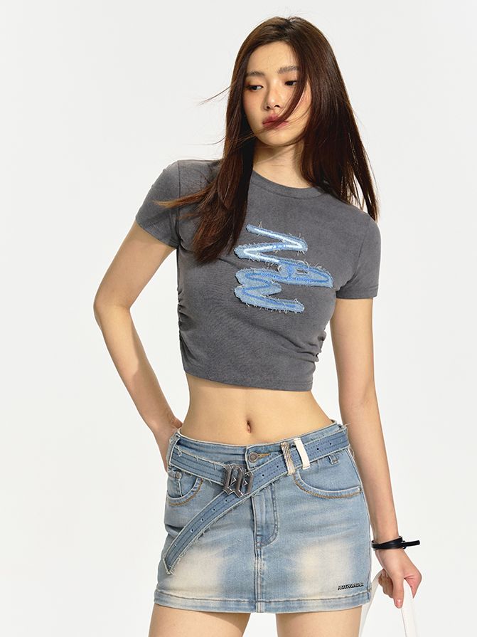 Cropped Casual Crew-Neck Patch Print-T-Shirt