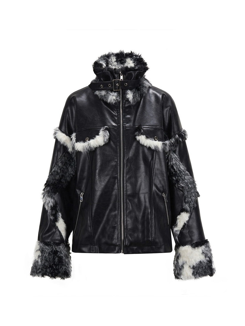 Fur Speckled Cool Stand-Collar Belt Leather-Jacket