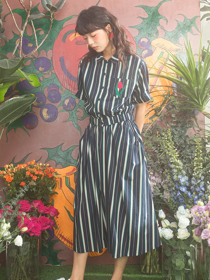 Stripe Casual Smmer Tulip Shirt&amp;Long-Skirt