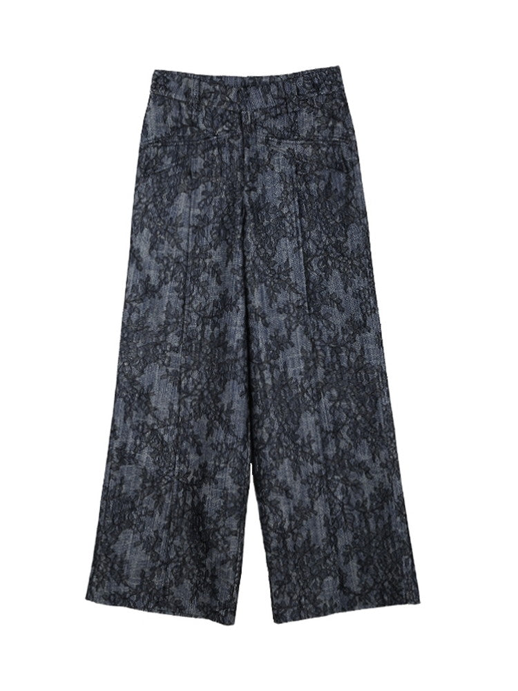 Denim Embroidery Flower Wide-Leg Casual Pants