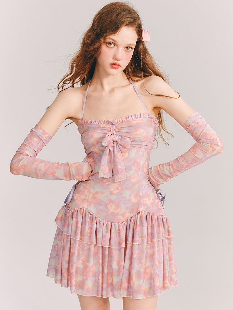 Pastel Back-Open Ribbon Tiered Floral One-Piece