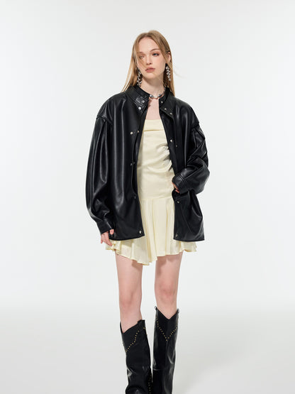 Smooth Middle Cool Simple Oversize Letaher-Jacket