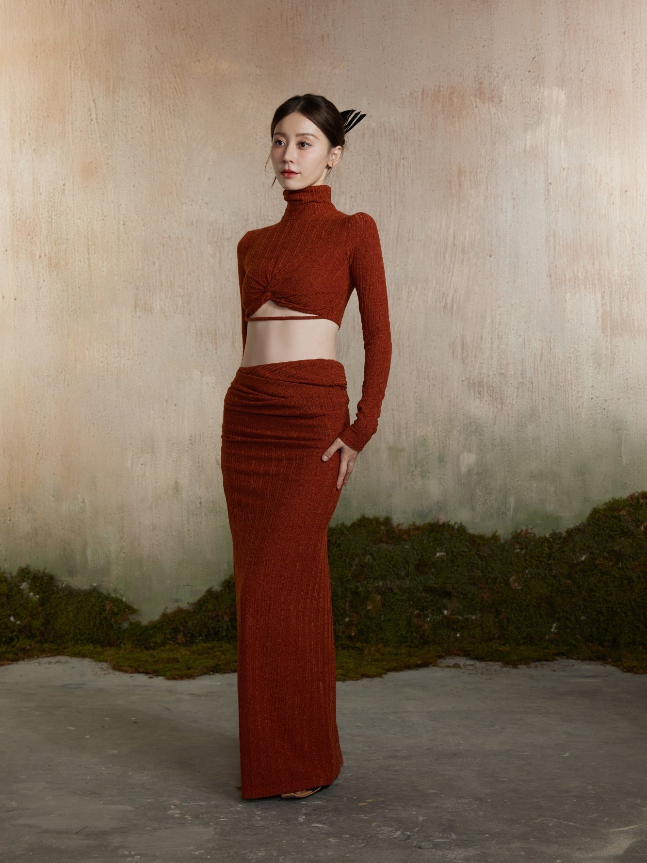 Long Plain Rib-Knit Knit-Skirt