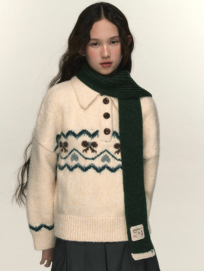 Polo-Neck Nordic Ribbon Knit Sweater