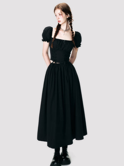 Puff-Sleeve Cropped Lace-Up Back-Open Blouse&amp;Long-Skirt