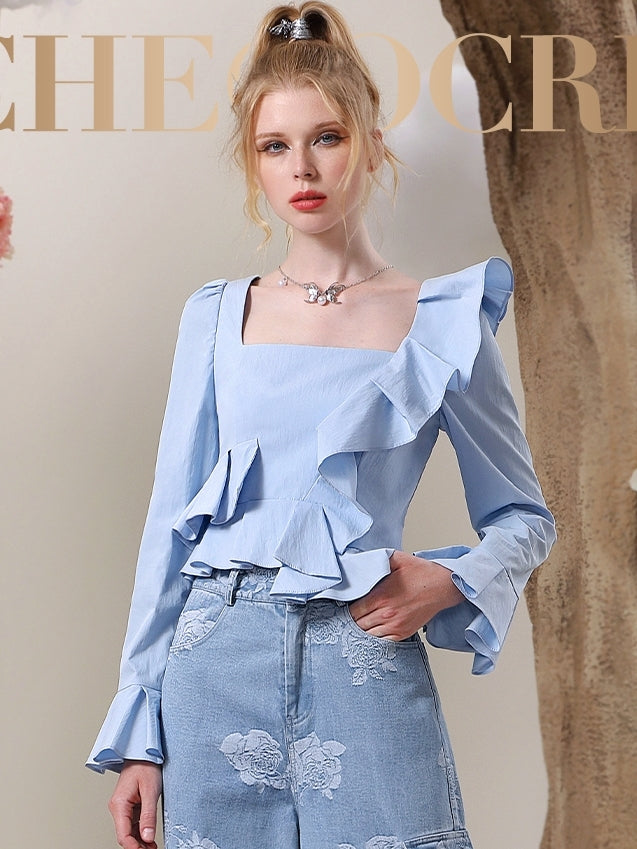 Riffle Frill Asymmetry Elegant Flare-Sleeve Blouse