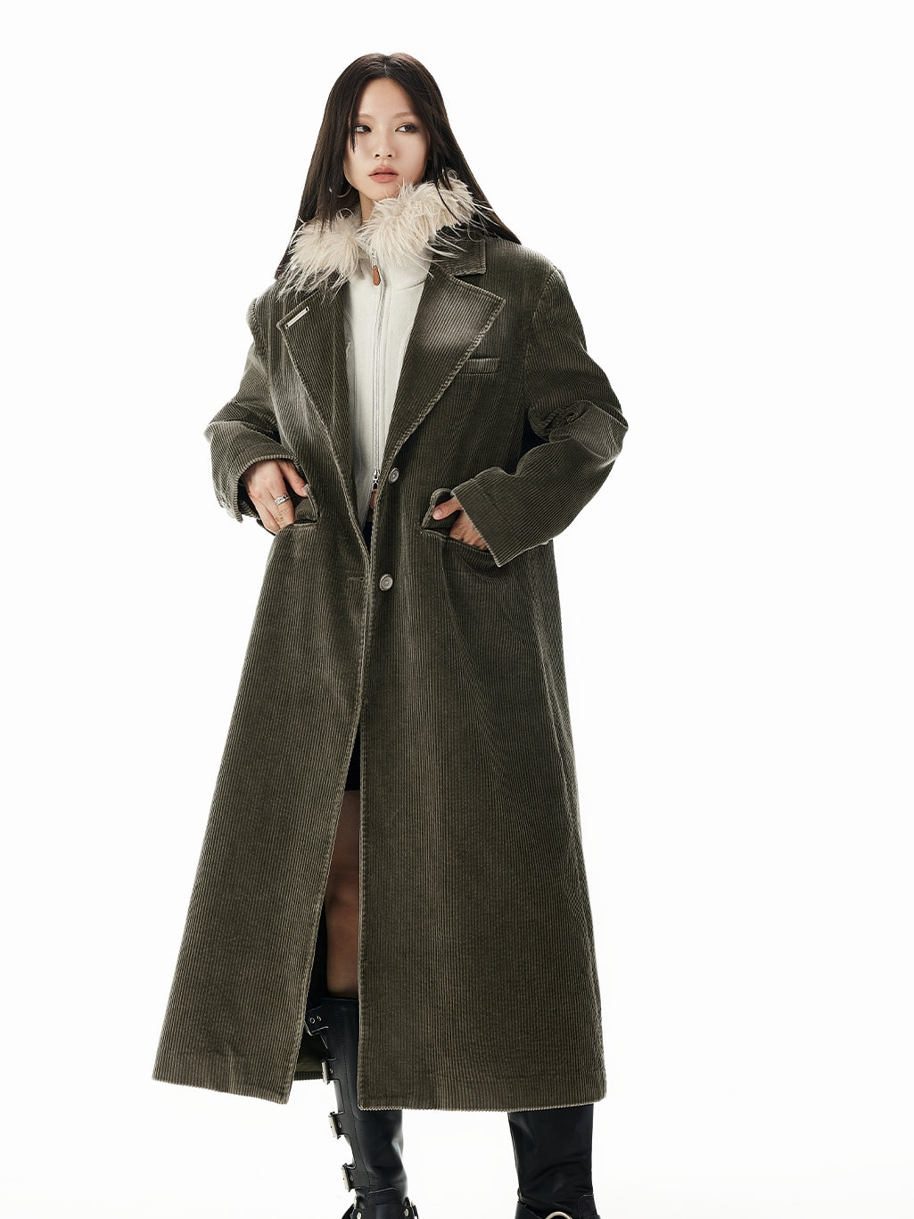 Corduroy Plain Retro Faded Long-Coat＆Muffler