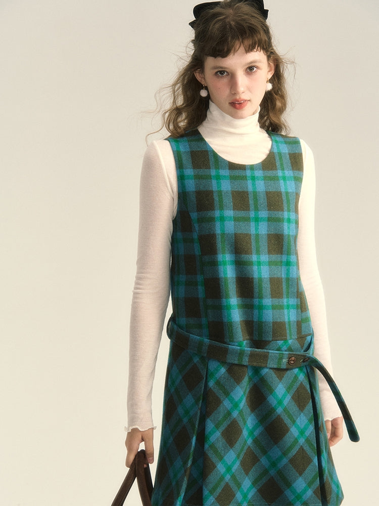 Wool Checked Sleeveless U-Neck Layered One-Piece