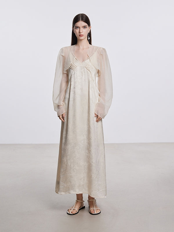 One-Piece &amp; Cardigan Embroidery Sheer Elegant Set-Up