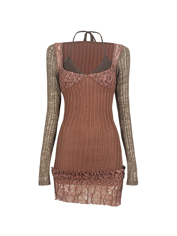 Knit Tight Lace Sexy Bi-Color Nichi Body-Conscious One-Piece