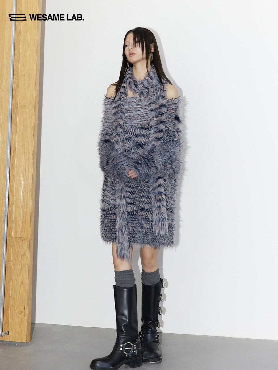 Fluffily Oversize One-Shoulder Loose Mohair-Knit＆Muffler