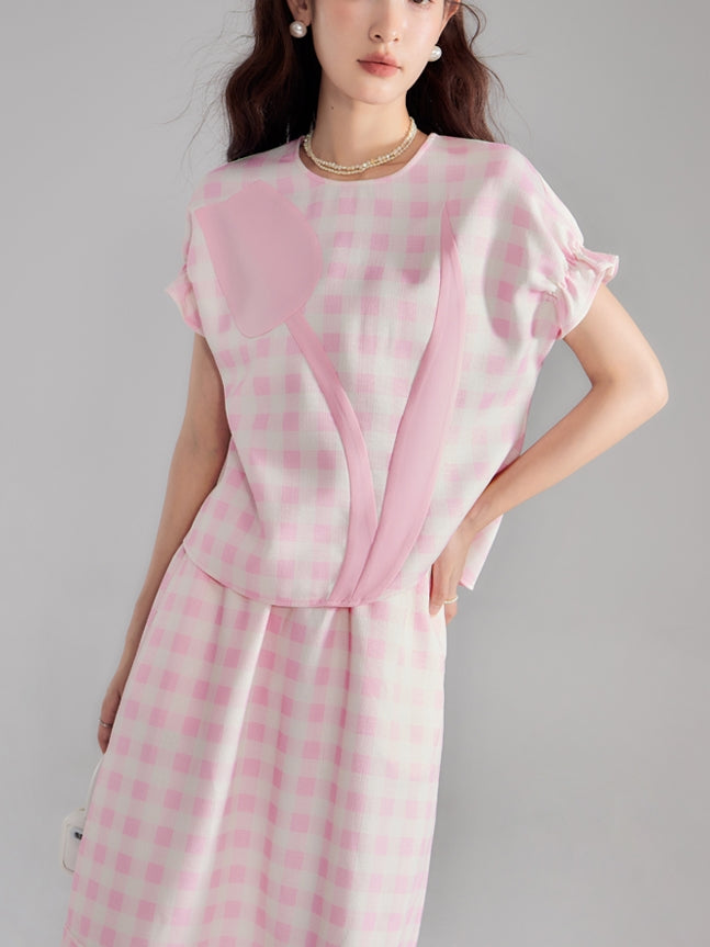 Checked Tulip Girly Candy-Sleeve Blouse &amp; Long-Skirt