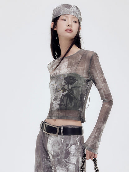 Sheer Mesh Silhouette Flower Cropped Cutsew