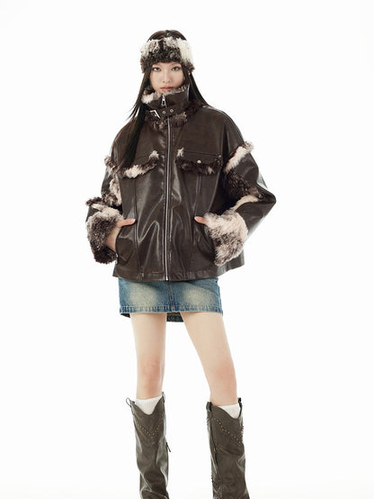 Fur Speckled Cool Stand-Collar Belt Leather-Jacket