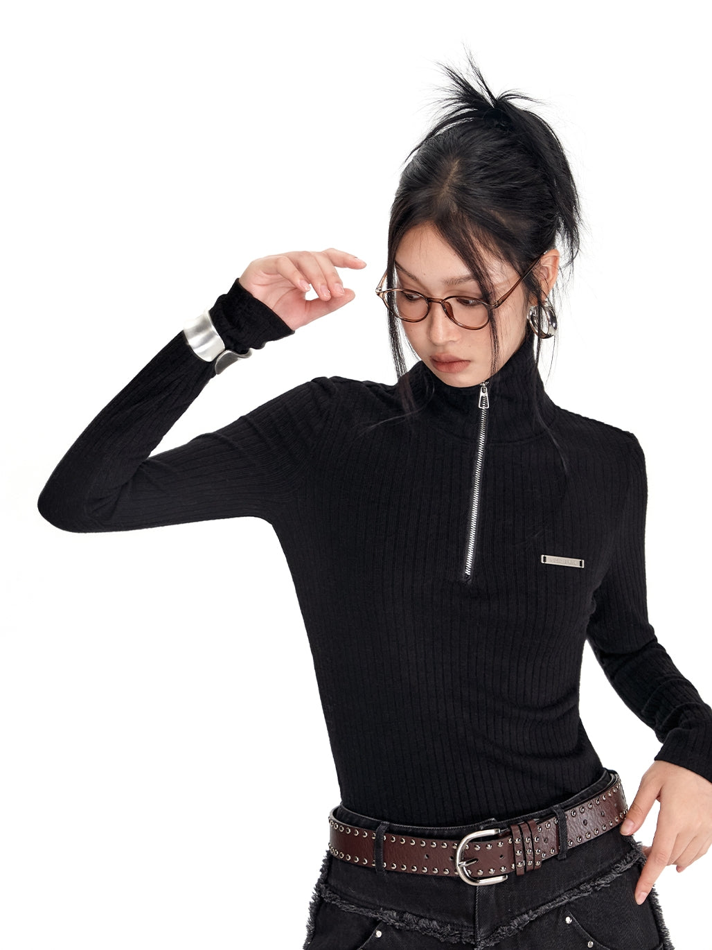 High-Neck Half-Zip Casual Simple Slim Rib-Knit