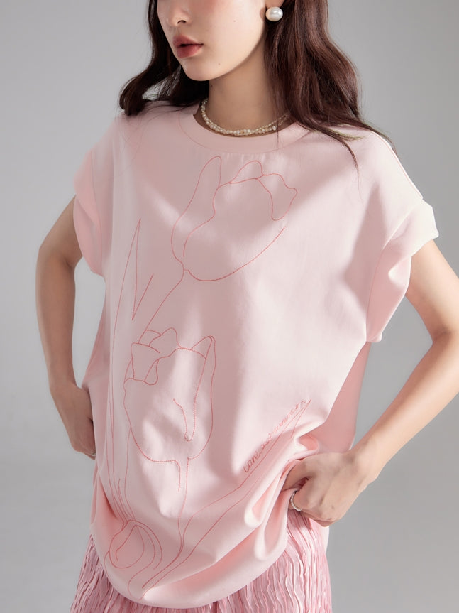 Oversize Embroidery Tulip Retro T-Shirt