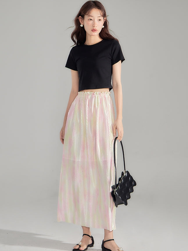 Crumply Tie-Dye Pale-Tone Thin Lng-Skirt