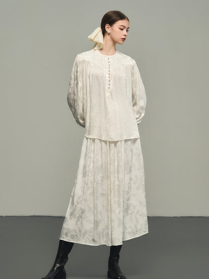 Fluffily Classy Flower Embroidery Chic Blouse&amp;Long-Skirt