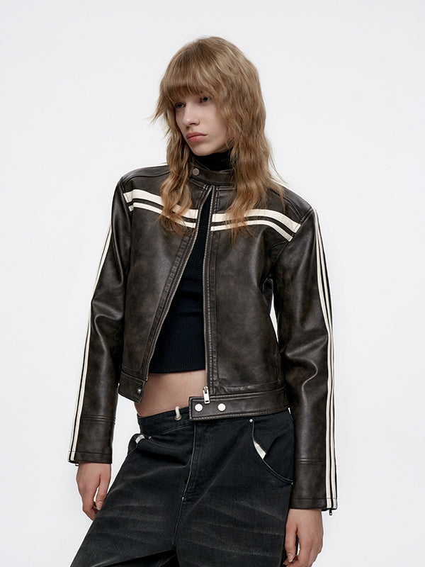 Line Casual Short Smooth Sporty Leather-Jacket