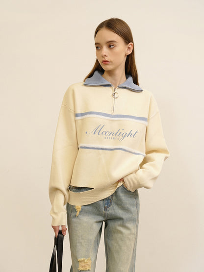 Embroidery Polo-Neck Retro Half-Zip Border-Line Knit