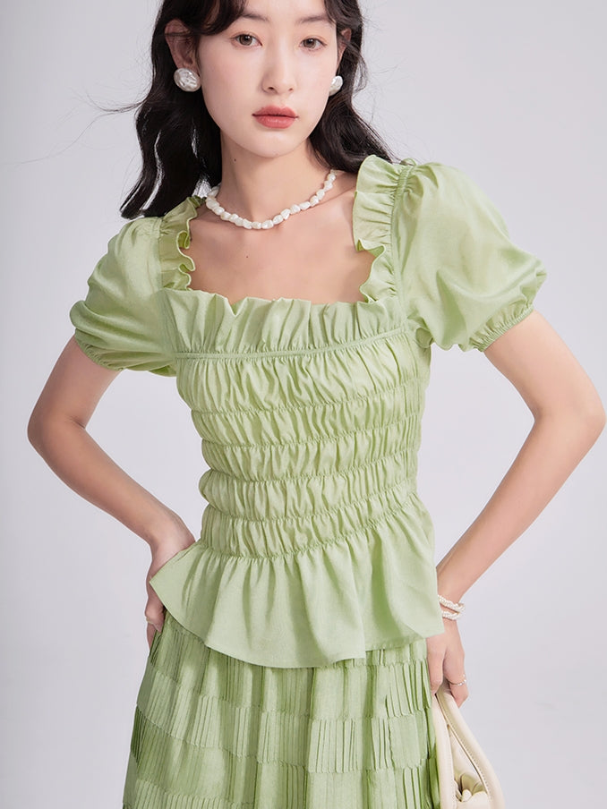 Gather Frill Puff-Sleeve Peplum Chic Blouse&amp;Long-Skirt