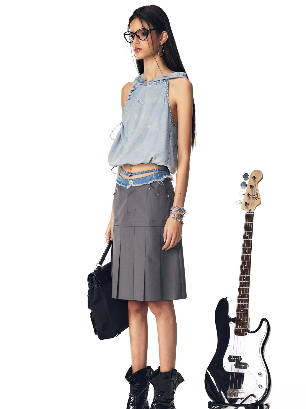 Drawstring Denim Hoodie Nichi Sleeveless Tops＆Skirt