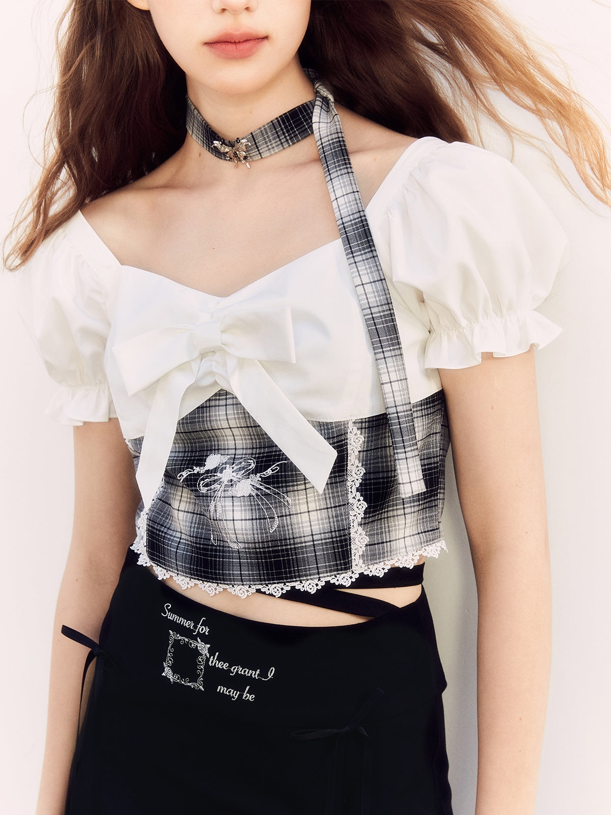 Checked Lace Ribbon Girly Blouse&amp;Mini-Skirt