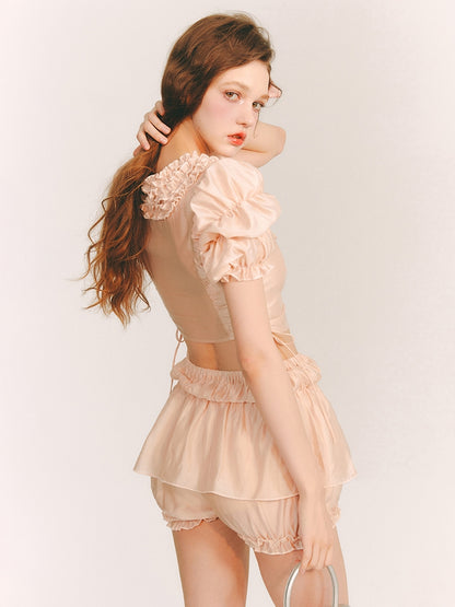 Frill Girly Puff-Sleeve Blouse&amp;Short-Pants