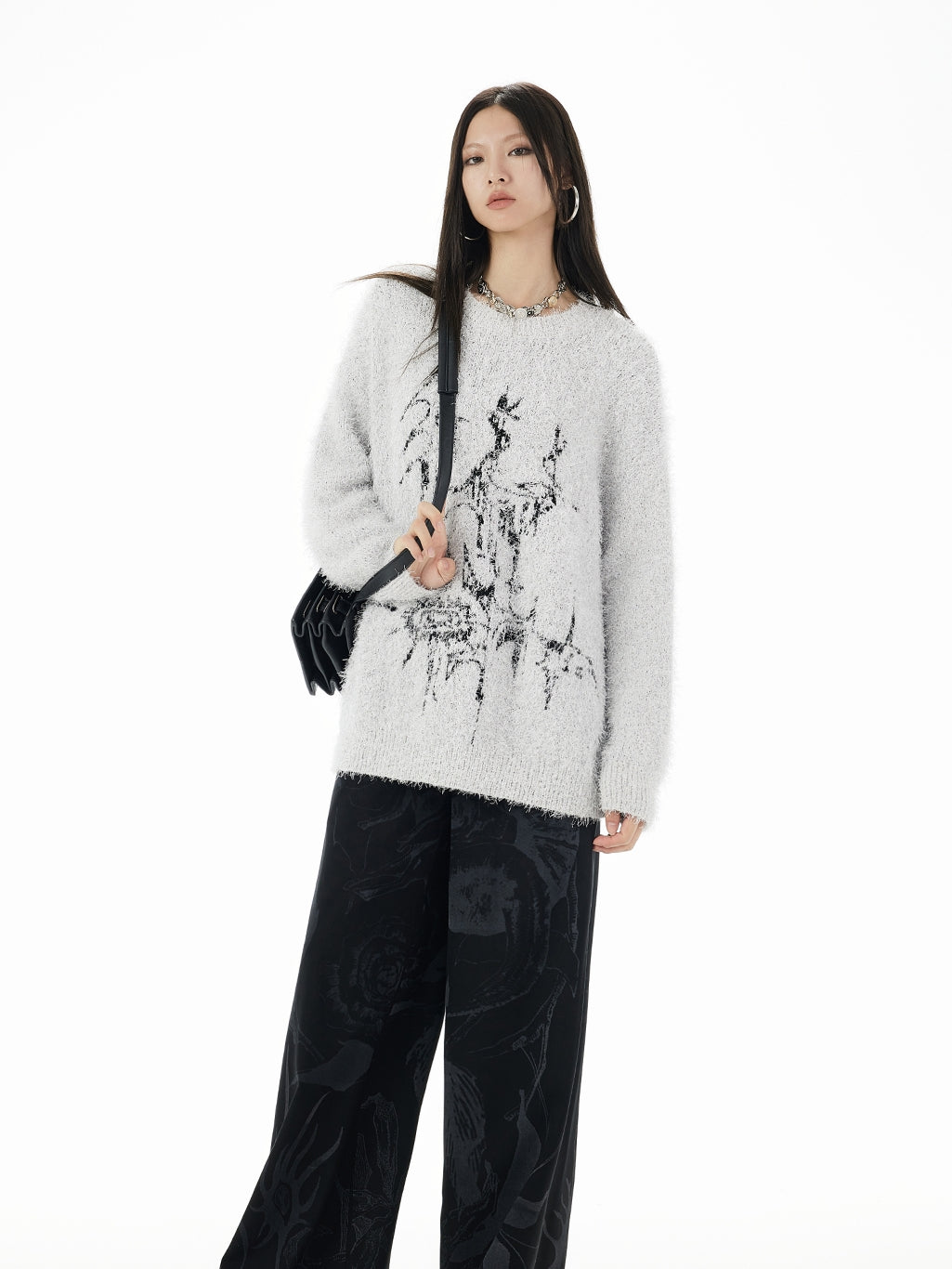 Moderne Crew-Hals lange, flauschig Mohair-Knit