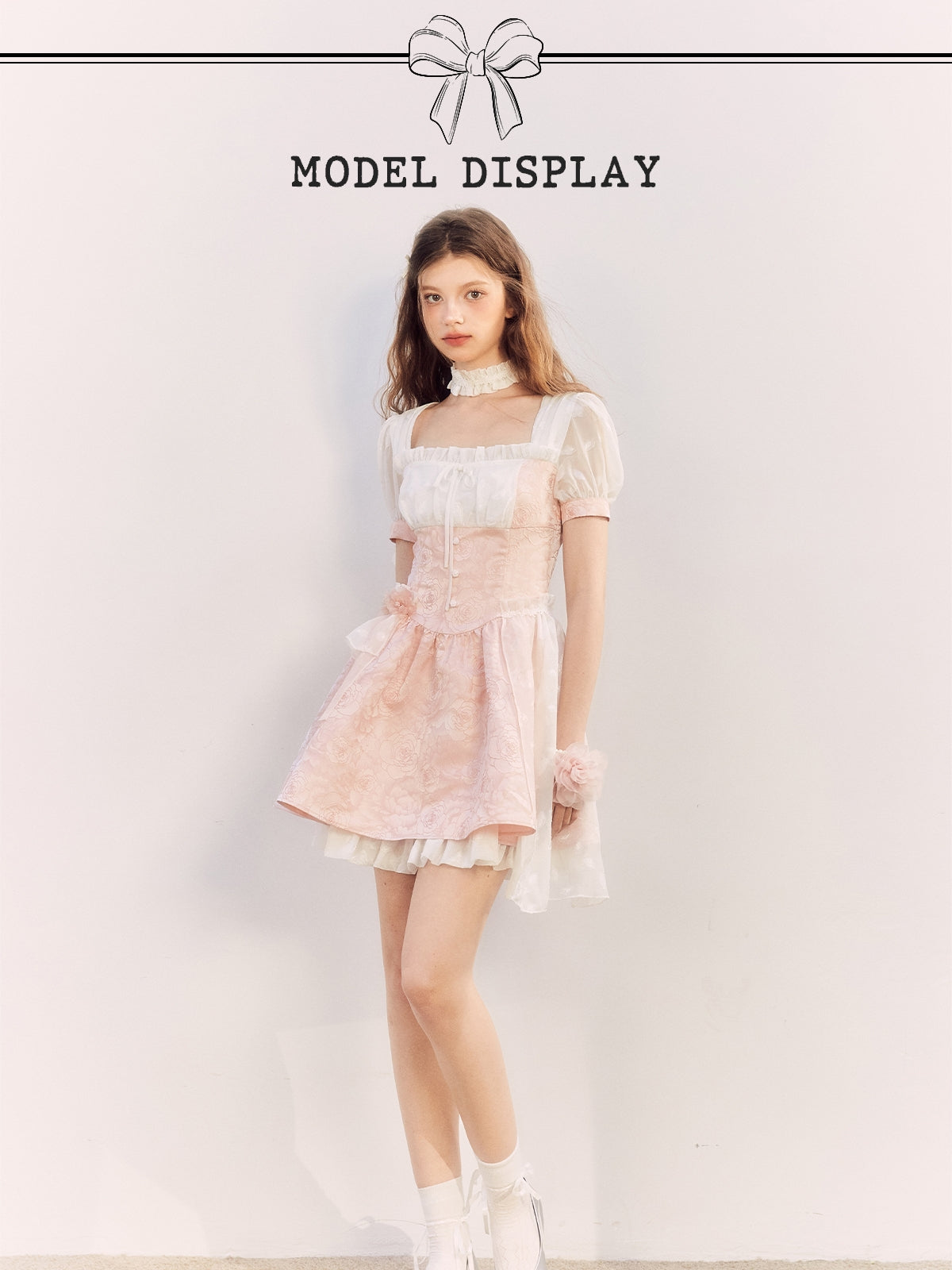 Embroidery Flower Puff-Sleeve Pearl Sweet Mini-One-Piece