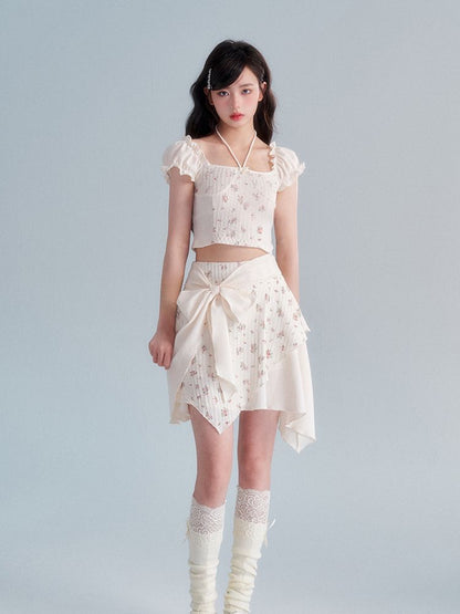 Glove Flower Cropped Fit Frill Ribbon Asymmetry Tops＆Skirt