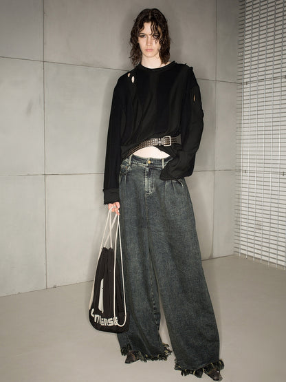 Denim Cut-Off Tassel Casual Wide-Pants