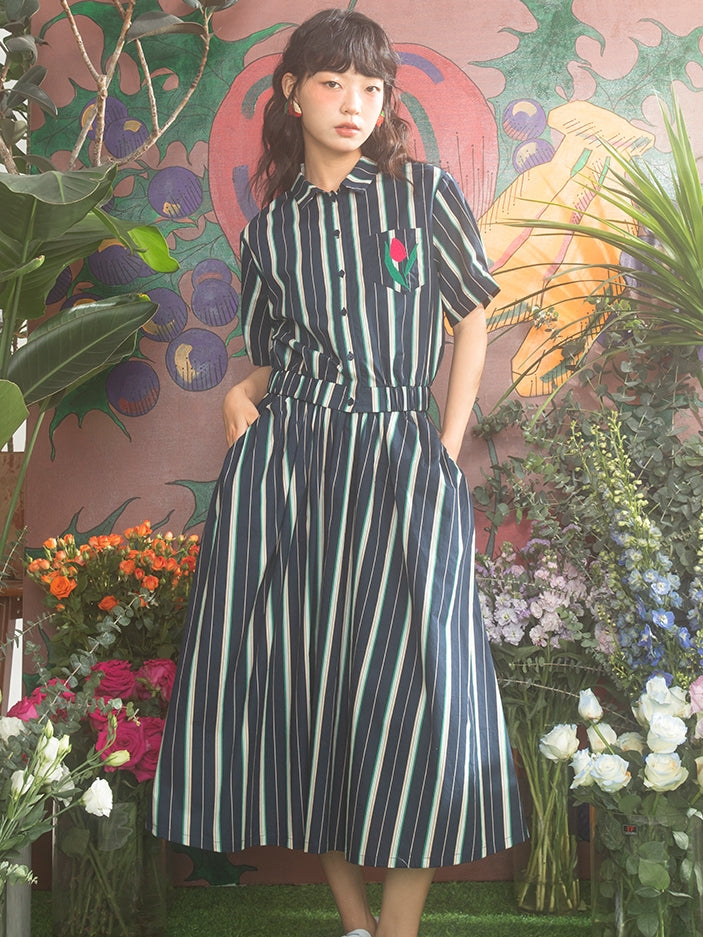 Stripe Casual Smmer Tulip Shirt&amp;Long-Skirt