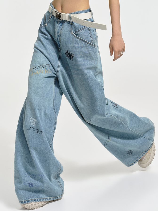 Logo Wide-Leg Denim Casual Loose Pants