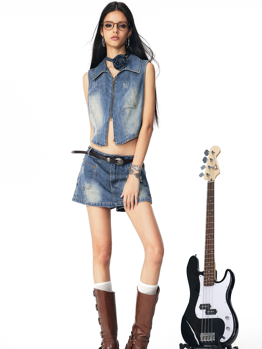 Denim Faded Cool Casual Gilet &amp; Mini-Skirt