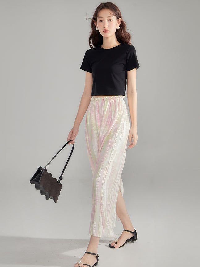 Crumply Tie-Dye Pale-Tone Thin Lng-Skirt