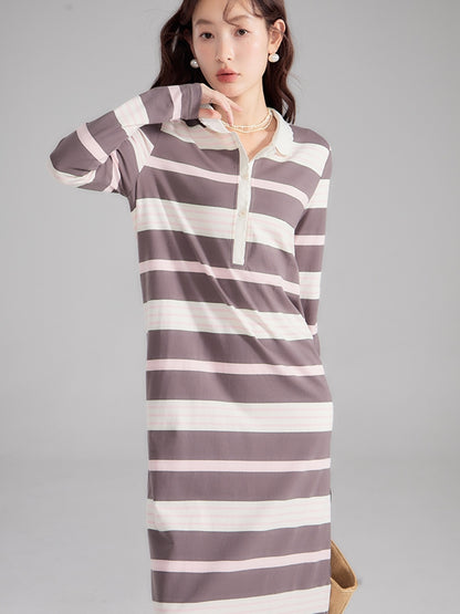 2 Type Border Long Casual I-Line Polo-one-Piece