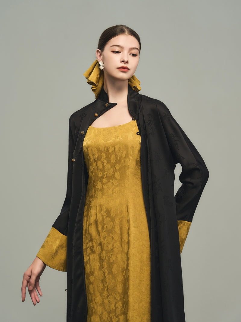 Flower China Broidy Bi-Color Long Retro Retro One-Piece Long Cardigan