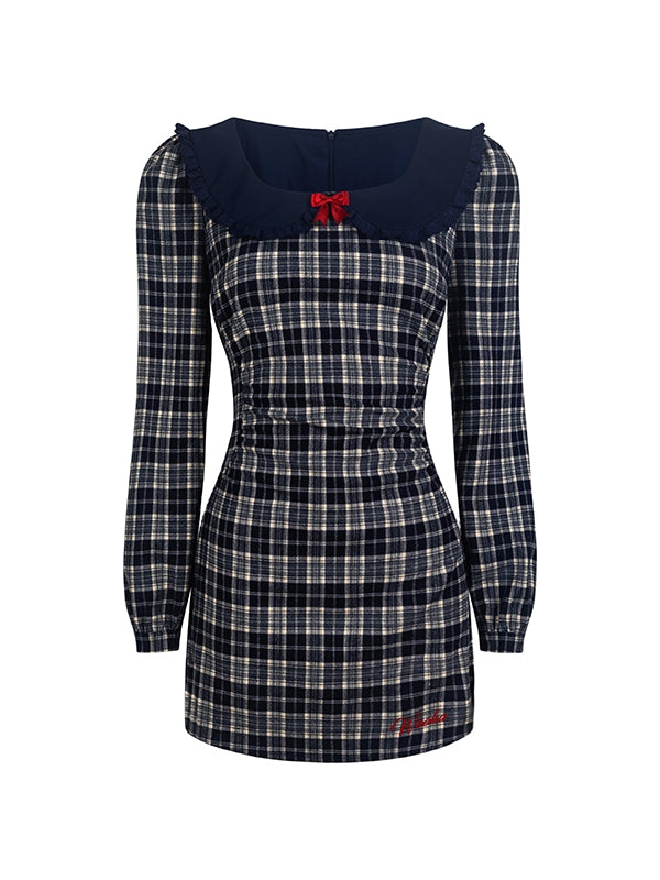 Checked Ribbon Frill Collar Girly Retro ein Stück