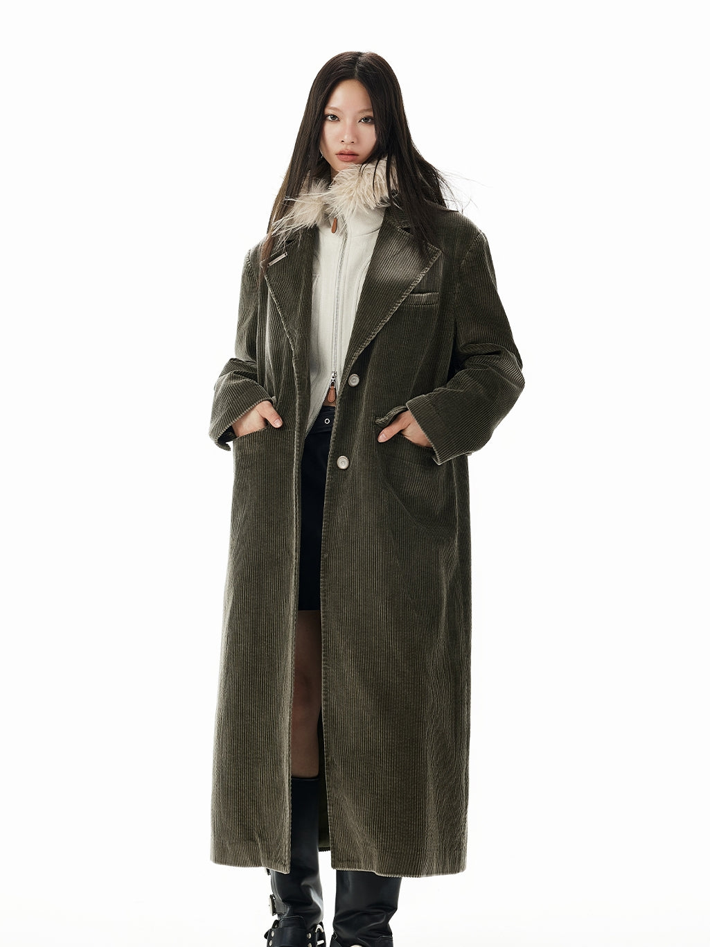 Corduroy Plain Retro Faded Long-Coat＆Muffler