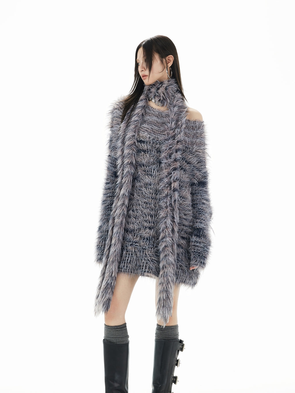 Fluffily Oversize One-Shoulder Loose Mohair-Knit＆Muffler